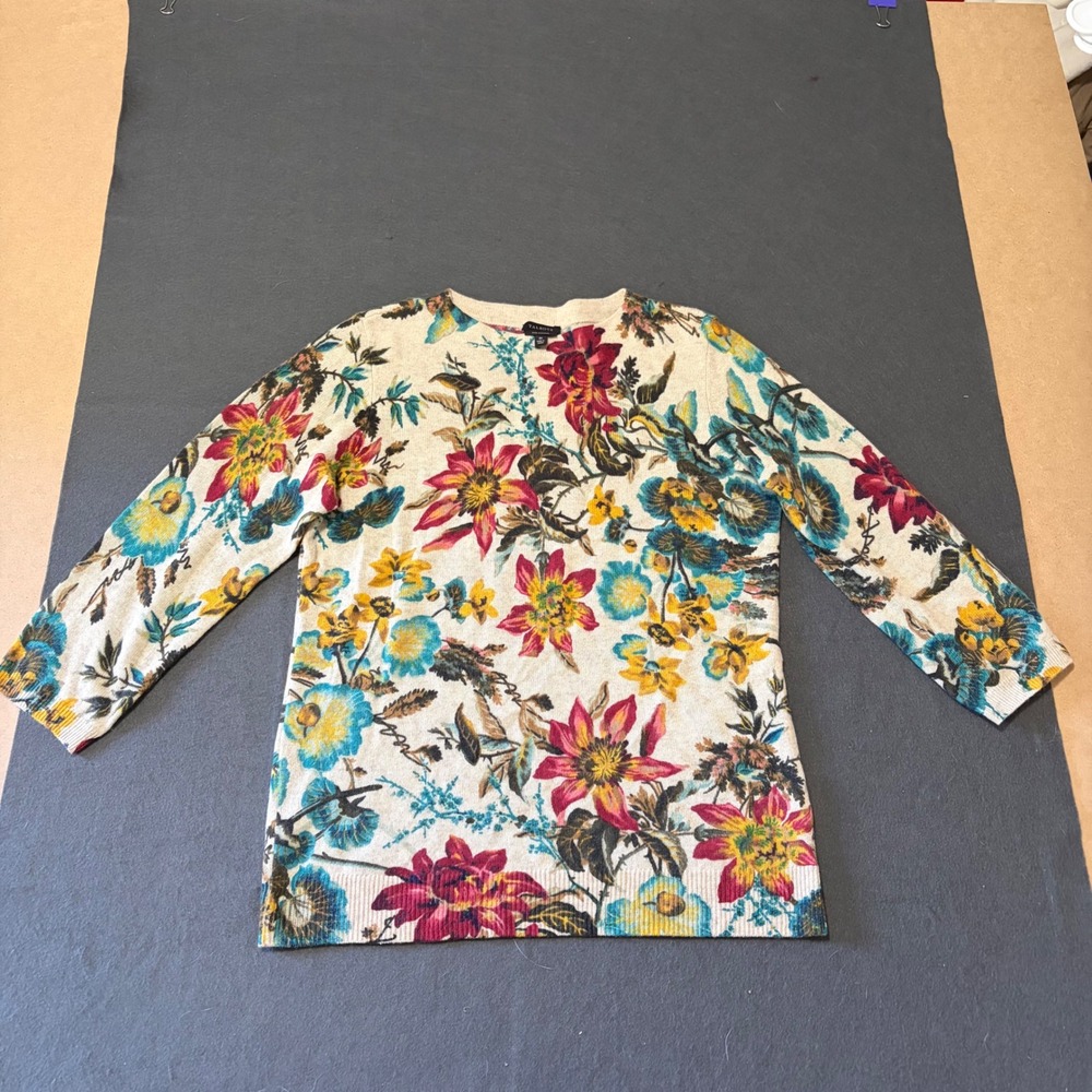 Talbots Cashmere Sweater Womens M Cream Floral Feminine Core Preppy Coastal